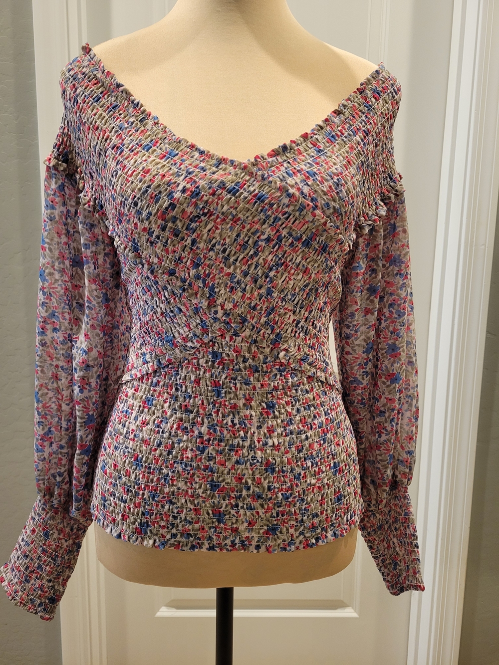 BB Dakota Pink & Blue Floral Smocked Off-Shoulder Blouse